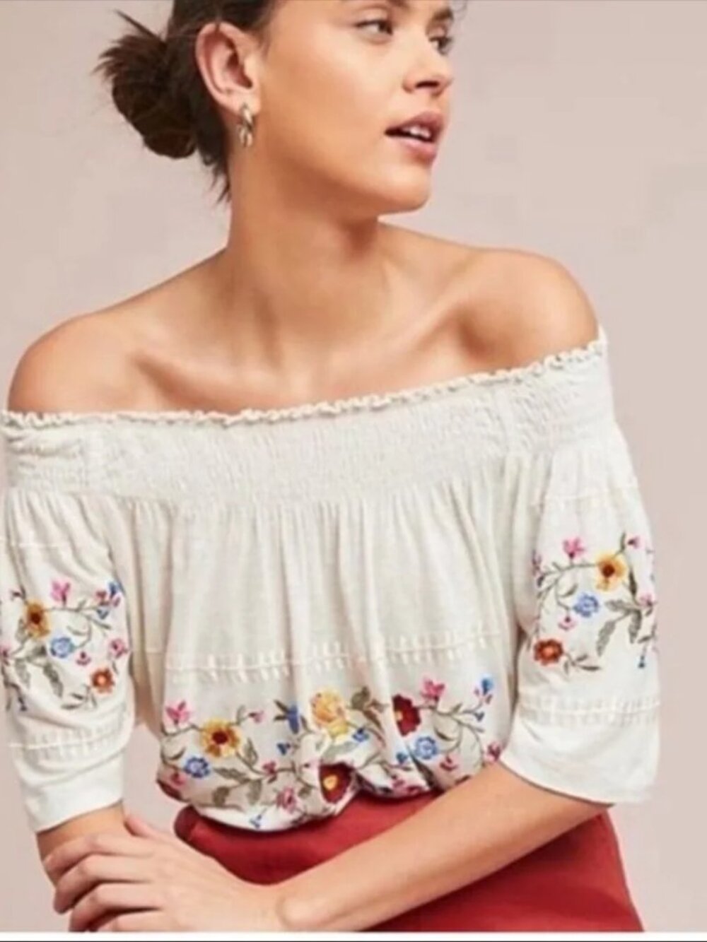 NWT Ranna Gill Washoe Cream Floral Embroidered Off-Shoulder Blouse Medium Anthro